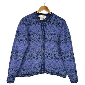 Vintage 1990s Y2K Norm Thompson Fair Isle Knit Cardigan Sweater Purple Blue M
